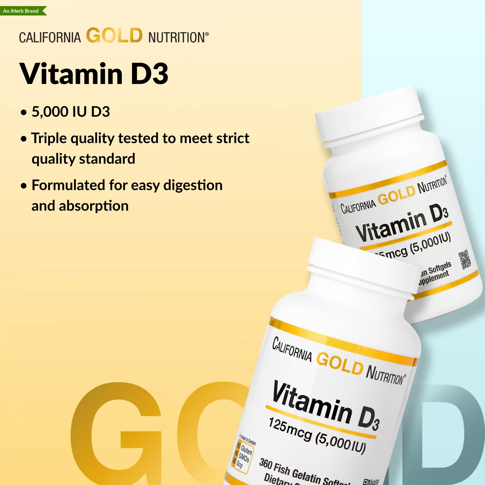 California Gold Nutrition, Vitamin D3, 125 mcg (5,000 IU), 90 Fish Softgels thumbnail 2